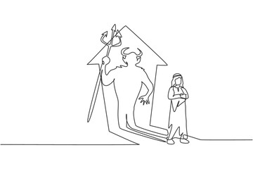 Single one line drawing of young Arabic businessman standing with devil shadow behind him on wall. Bad character person minimal concept. Modern continuous line draw design graphic vector illustration