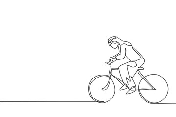 Single continuous line drawing of young Arabian businessman riding bicycle go to the office. Sporty professional worker. Minimalism concept dynamic one line draw graphic design vector illustration