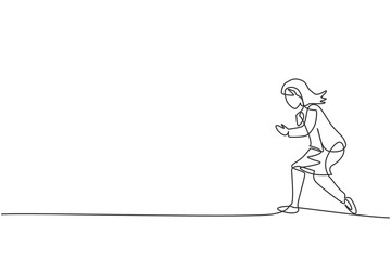 Fototapeta na wymiar Single continuous line drawing of young beauty businesswoman running fast to reach the finish line. Professional worker. Minimalism concept dynamic one line draw graphic design vector illustration