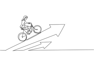 Single continuous line drawing of young beauty businesswoman ride bicycle up to increasing arrow. Professional hard worker. Minimalism concept dynamic one line draw graphic design vector illustration