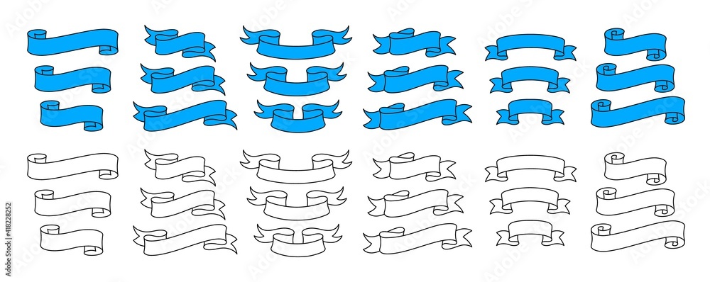 Poster set of 36 ribbons in flat and line style. vintage ribbons elements for decor or emblems. vector clip