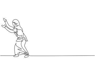 Single one line drawing young smart Arab business woman pushing the wall to protect her position, metaphor. Business growth minimal concept. Continuous line draw design graphic vector illustration