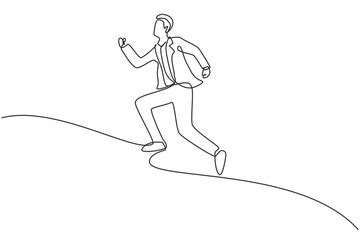 Single continuous line drawing of young business man running fun to get to the office. Attractive professional businessman. Minimalism concept dynamic one line draw graphic design vector illustration