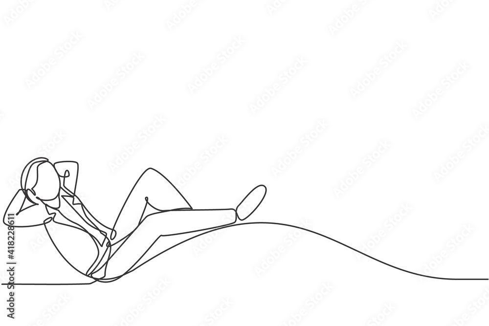 Wall mural single one line drawing of young smart male employee relaxing and relaxing. businessman take a rest 