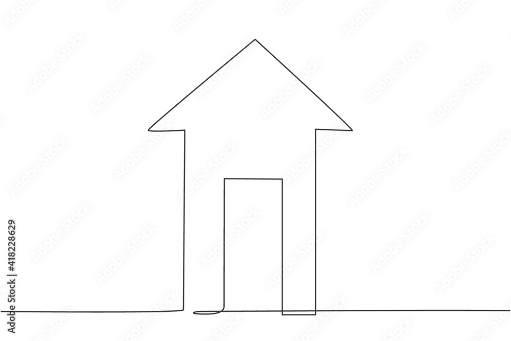 Poster single one line drawing of house building shape with up arrow symbol. business finance growth minima