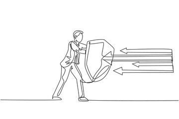 Obraz premium Continuous one line drawing of young handsome male worker holding arrows attack using shield. Success defensive strategy minimalist concept. Trendy single line draw design vector graphic illustration