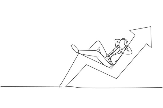 Single one line drawing of young smart investor lay down relaxing on up arrow symbol. Business investment stock growth minimal concept. Modern continuous line draw design graphic vector illustration