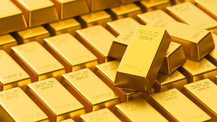 3D rendering, close up of a lot of shiny gold bars stacked in storage, concept of wealth