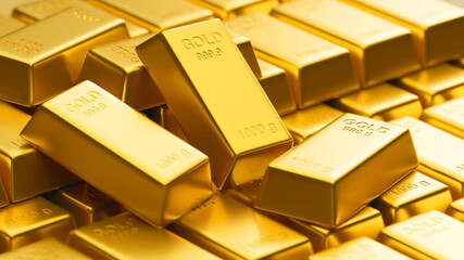 3D rendering, close up of a lot of shiny gold bars stacked in warehouse, concept of wealth