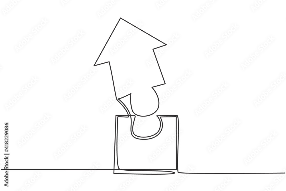 Poster single one line drawing of puzzle jigsaw piece form up arrow shape symbol. business finance growth m