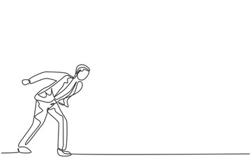 Single one line drawing of young smart male employee bend down his body to pose shouldered. Professional hard worker minimal concept. Modern continuous line draw design graphic vector illustration