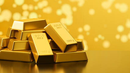 3D rendering shiny gold bars stacked in bokeh background with copy space
