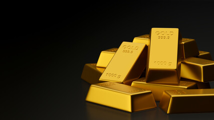 3D rendering shiny gold bars stacked in black background with copy space
