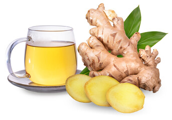 Naklejka na ściany i meble Fresh ginger with green leaves and a Cup of Ginger tea isolated on white background, Ginger root on white background With clipping path.