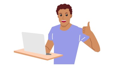 Man working with laptop. Vector flat illustration