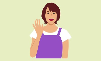 Cute woman waving hand. Vector flat illustration