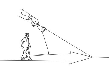 Continuous one line drawing of young Arabian male worker walking under the arrow way bright light. Success business path minimalist concept. Trendy single line draw design vector graphic illustration