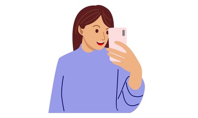 Cute happy girl holding cellphone. Flat cartoon vector illustration