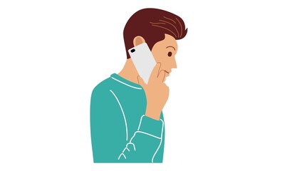 Man using mobile phone to talk to positive emotions, talking on phone. Vector flat character illustration