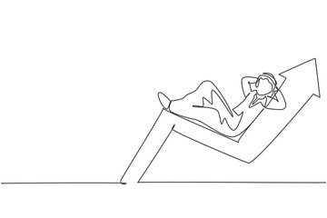 Single one line drawing of young attractive Arabic male investor sleeping relax at up arrow symbol. Business investment minimal concept. Modern continuous line draw design graphic vector illustration