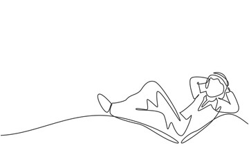 Single one line drawing young Arab male investor entrepreneur sleeping relax to dream his investments. Business growth minimal concept. Modern continuous line draw design graphic vector illustration - obrazy, fototapety, plakaty
