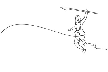 Continuous one line drawing of young female worker holding arrow spear to hit target. Success business manager minimalist concept. Trendy single line draw design vector graphic illustration