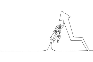 Continuous one line drawing of young female worker flying high using jetpack holding up arrow. Success business growth minimalist concept. Trendy single line draw design vector graphic illustration