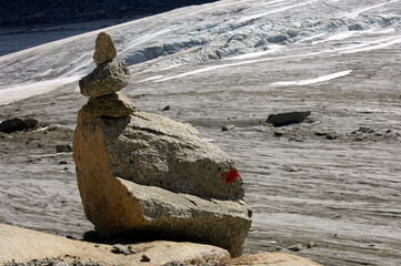Directional Sign Made Of Stacked Pieces Of Rocks At A Glacier In The Alps