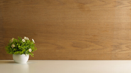 Mock up scene, plant pot on white table with copy space and wooden wall background