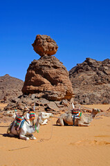 Dromedaries Of A Caravan Resting At A Rock In The Acacus Mountains, Sahara Desert, Libya