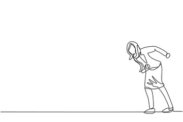 Obraz premium Single one line drawing of young angry business woman giving mad gesture ready to hit obstacle. Business metaphor minimal concept. Modern continuous line draw design graphic vector illustration