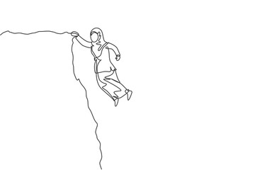 Single continuous line drawing young professional female Arab entrepreneur struggle hanging on edge of the ravine. Minimalism metaphor concept dynamic one line draw graphic design vector illustration