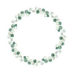 Watercolor wreath with greens, branches, eucalyptus leaves