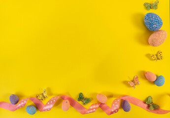 Happy easter! Flat Lay, Internet banner with Copy Space on Easter