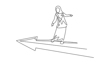 Single continuous line drawing of young professional female Arab entrepreneur flying ride forward progress arrow. Minimalism metaphor concept dynamic one line draw graphic design vector illustration
