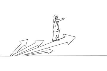 Single continuous line drawing young professional female Arab entrepreneur riding arrow and flying. Minimalism business growth metaphor concept dynamic one line draw graphic design vector illustration