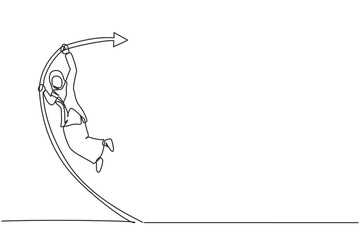Single one line drawing of young Arabian businesswoman jumping high with pole vault. Business financial growth metaphor minimal concept. Modern continuous line draw design graphic vector illustration