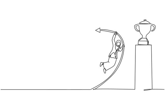 Single continuous line drawing young professional female Arab entrepreneur pole vault jump to reach winning trophy. Minimalism metaphor concept dynamic one line draw graphic design vector illustration
