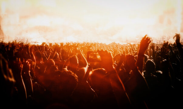 Crowd of people in concert festival against spotlight and smoke.