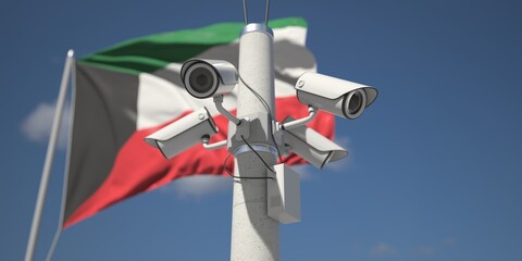 Naklejka na ściany i meble Flag of Kuwait and four security cameras, 3d rendering