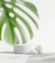 White product display podium with monstera leaf. 3D rendering  © nawapon
