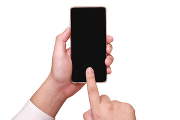 Hand holding smart phone, cut out design element isolated on white