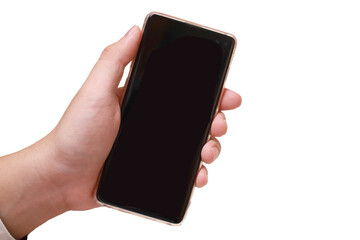 Hand holding smart phone, cut out design element isolated on white