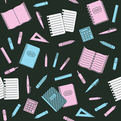 Blue and pink school supplies and office stationary on a black background. Back to school, education and business concept. Vector seamless pattern for banner, poster, office supply store and wallpaper