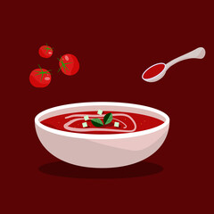 A bowl of tomato soup is served with basil leaves.Hot vegetable soup in white dishes. the illustration is isolated. red borscht on a plate