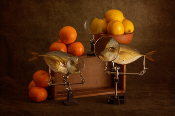 Still life with moonfish with magnifying glass and fruit