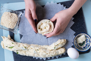 Cheese spinach pie. Salty cake recipe. Step by step. View from above. The girl is cooking. Step 15 © Дарья Сахарова