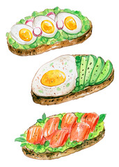 Watercolor sketch for breakfast in cafe and restaurant menu, toast with avocado, egg and salmon fish