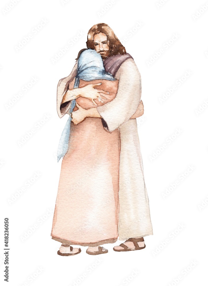 Wall mural Watercolor illustration.  Jesus Christ and womanon a white isolated background.  For postcards, churches, Easter