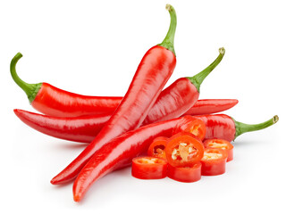 Peppers chili full macro shoot food ingredient on white isolated - obrazy, fototapety, plakaty
